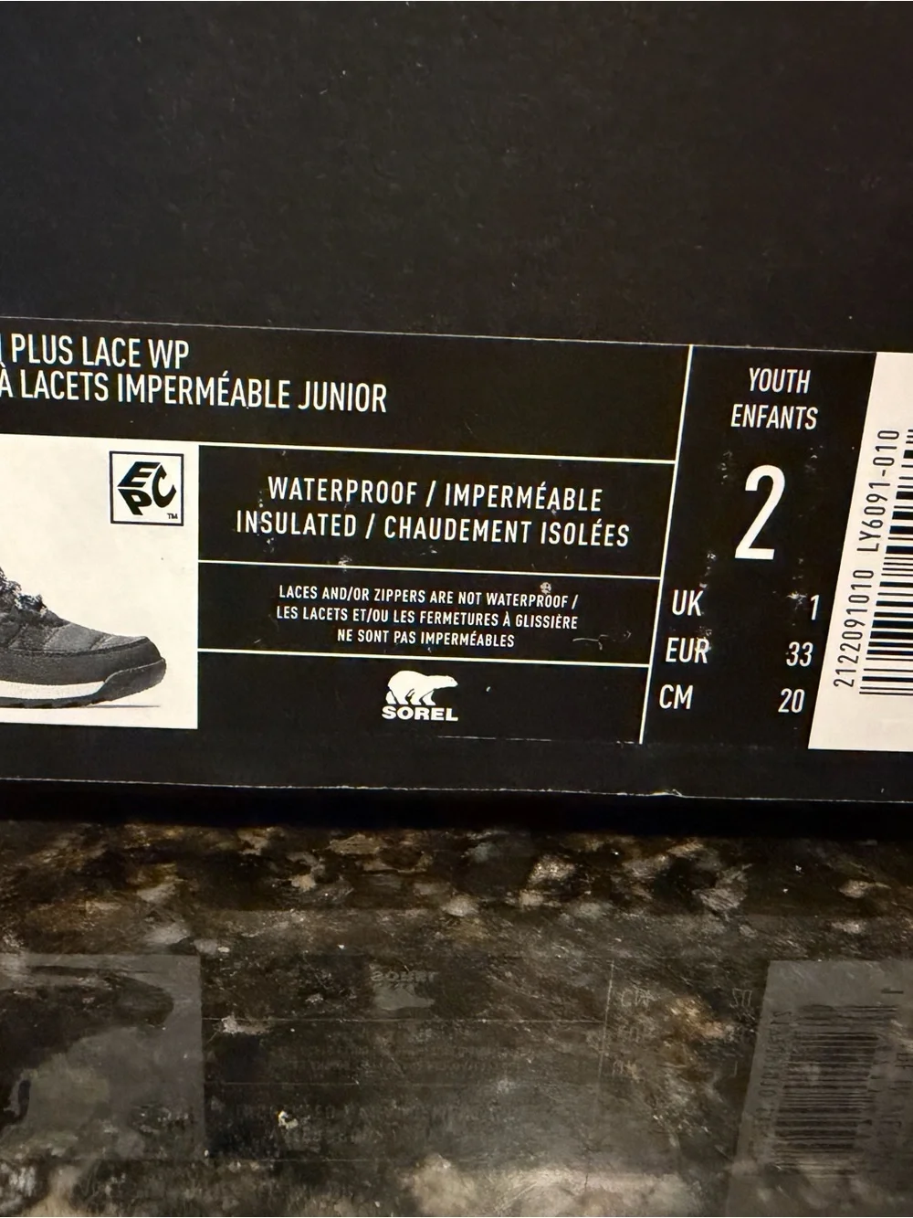 Sorel Whitney II Black Waterproof Winter Boots Youth Size 2